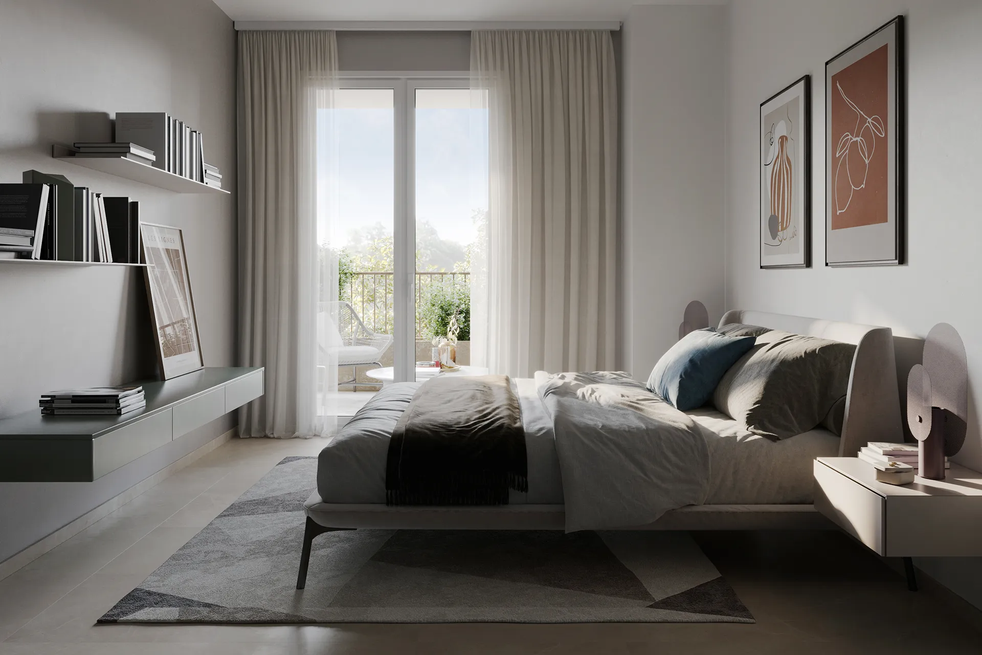 Camera da letto moderna con letto matrimoniale e accesso a un balcone verde.