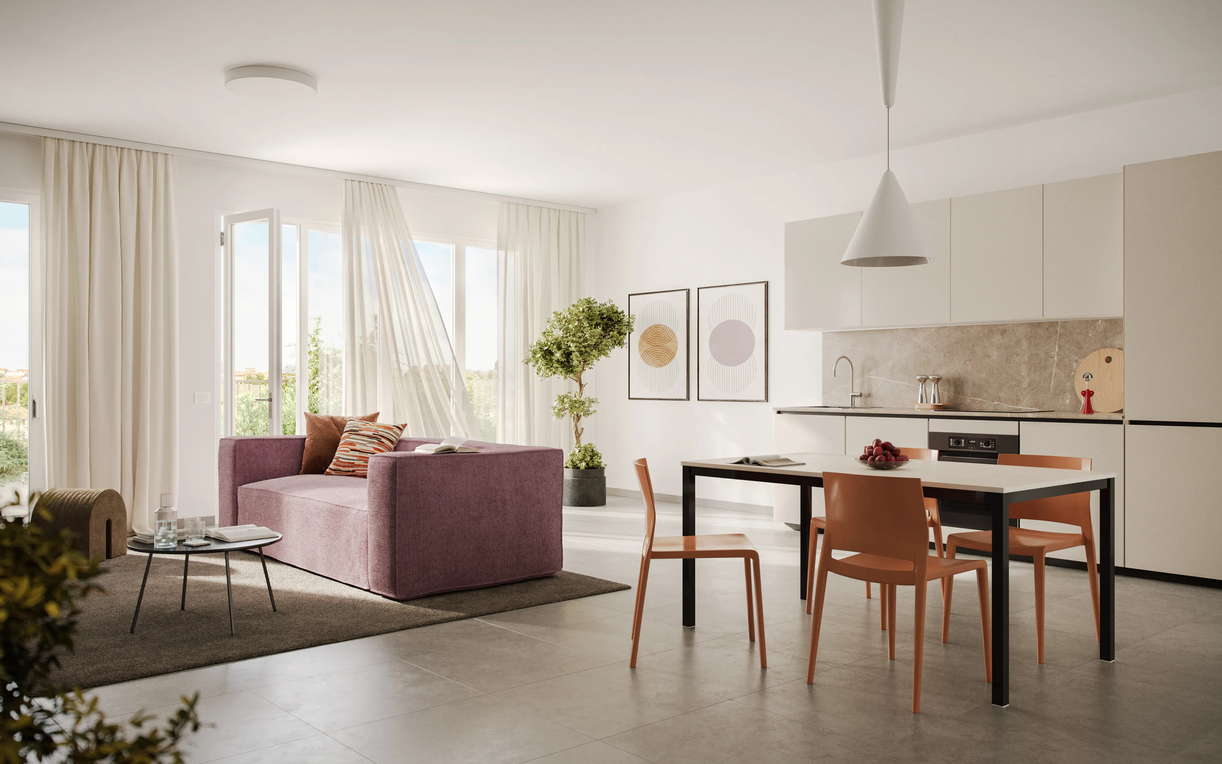 Soggiorno moderno con divano viola, cucina a vista e tavolo da pranzo con sedie in legno.