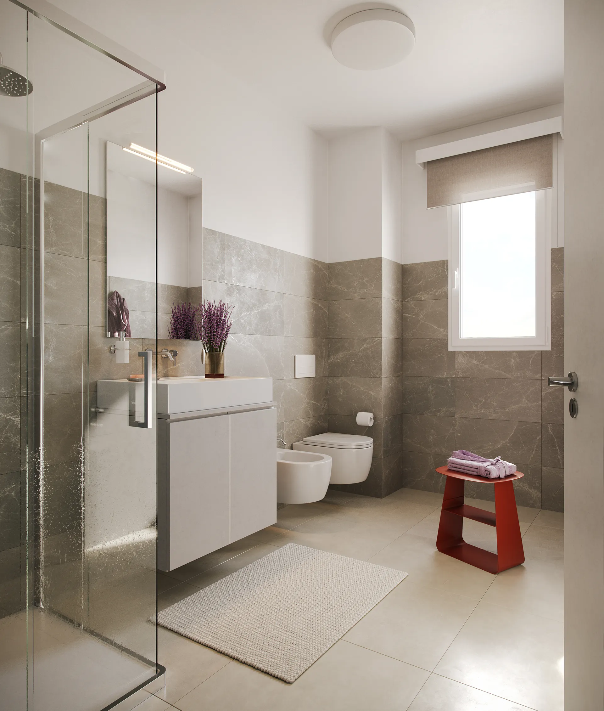 Bagno moderno con doccia in vetro, lavabo sospeso, bidet, WC e finestra luminosa.