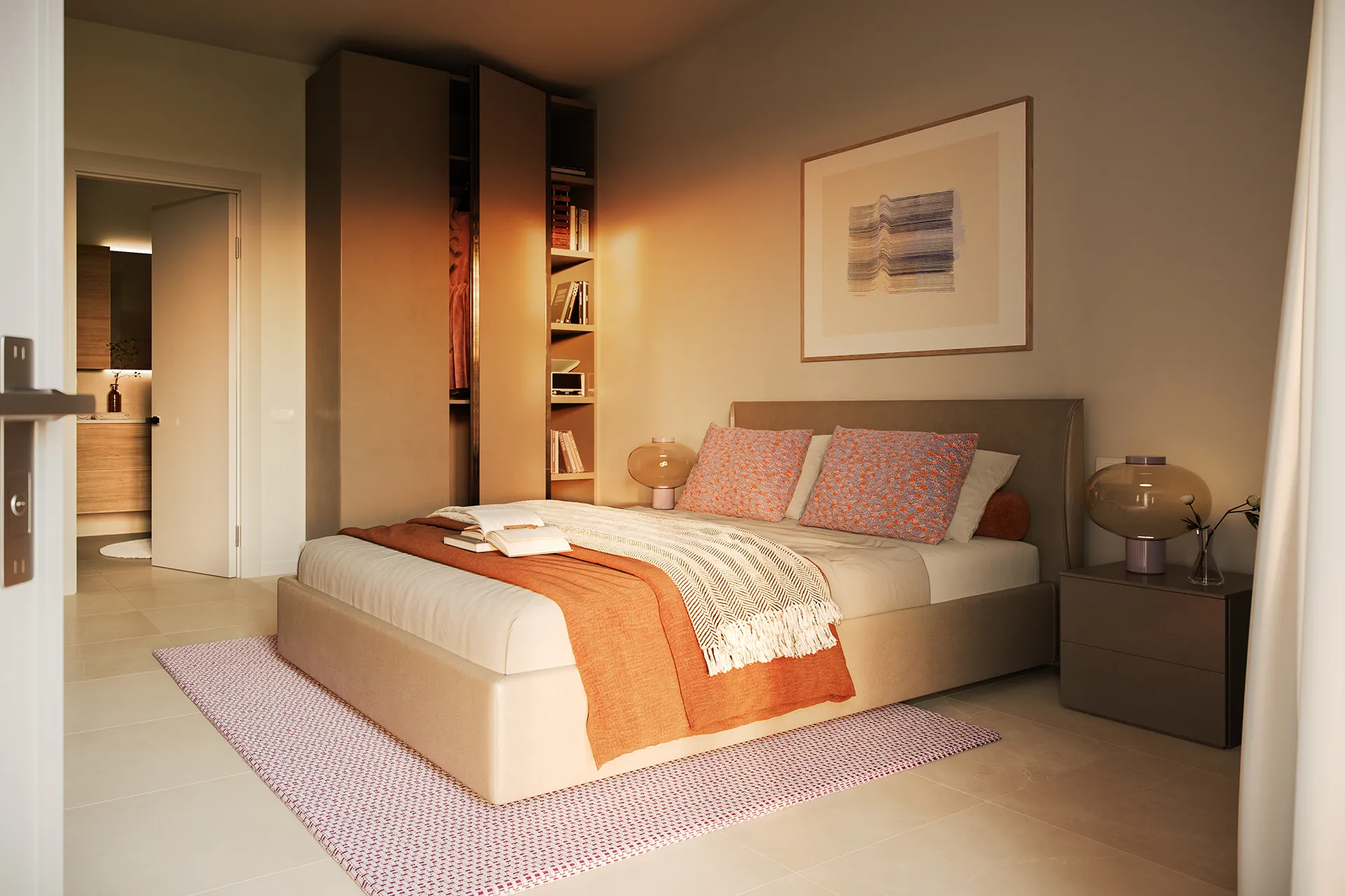 Camera da letto accogliente con letto matrimoniale, cuscini colorati, libreria integrata e bagno adiacente.